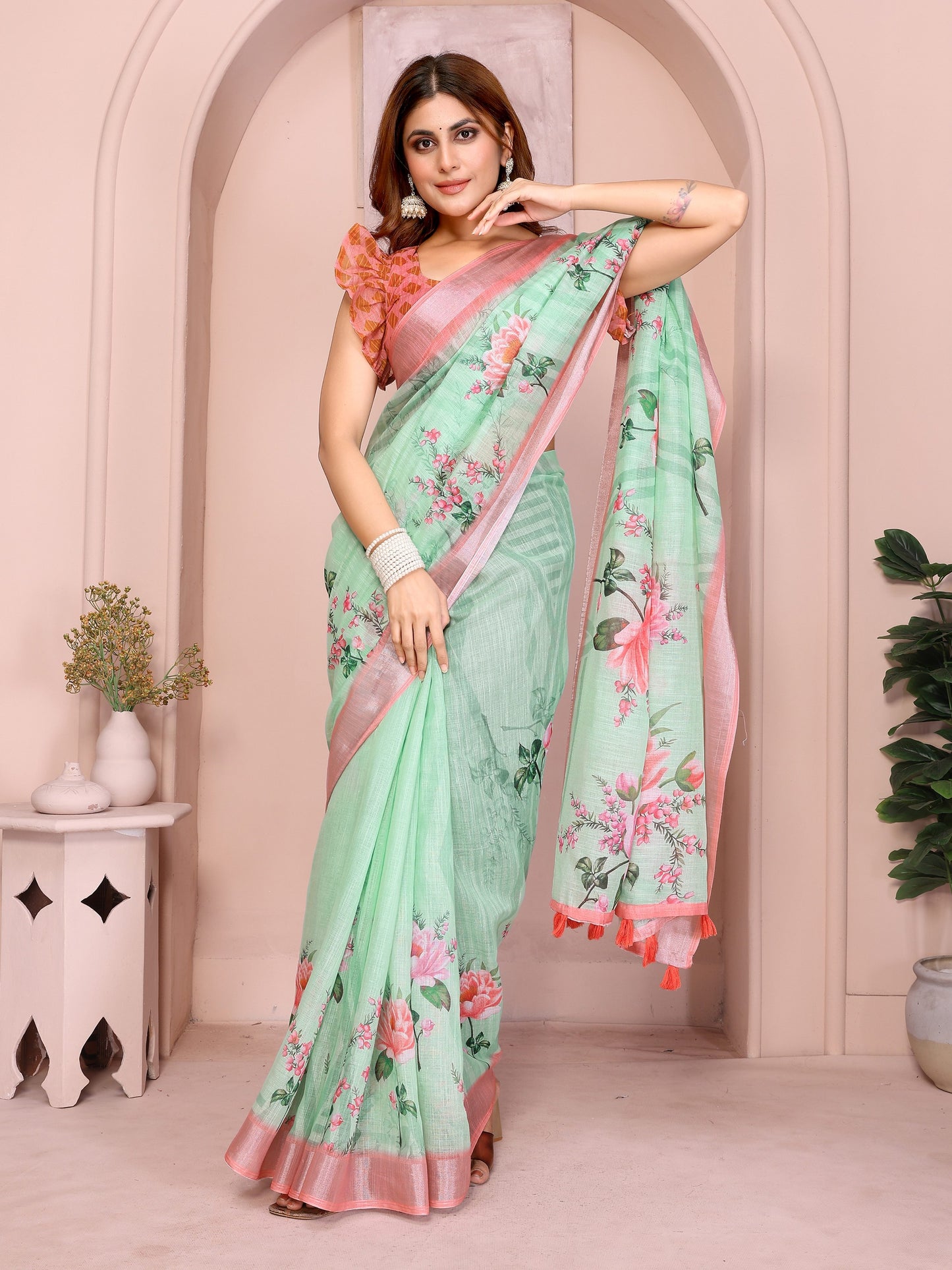 Refreshing Mint Green Linen Cotton Saree with Pink Floral Prints