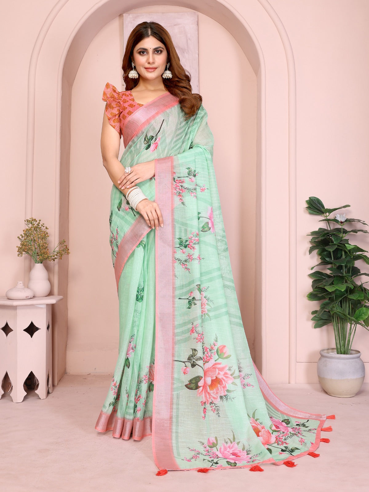 Refreshing Mint Green Linen Cotton Saree with Pink Floral Prints