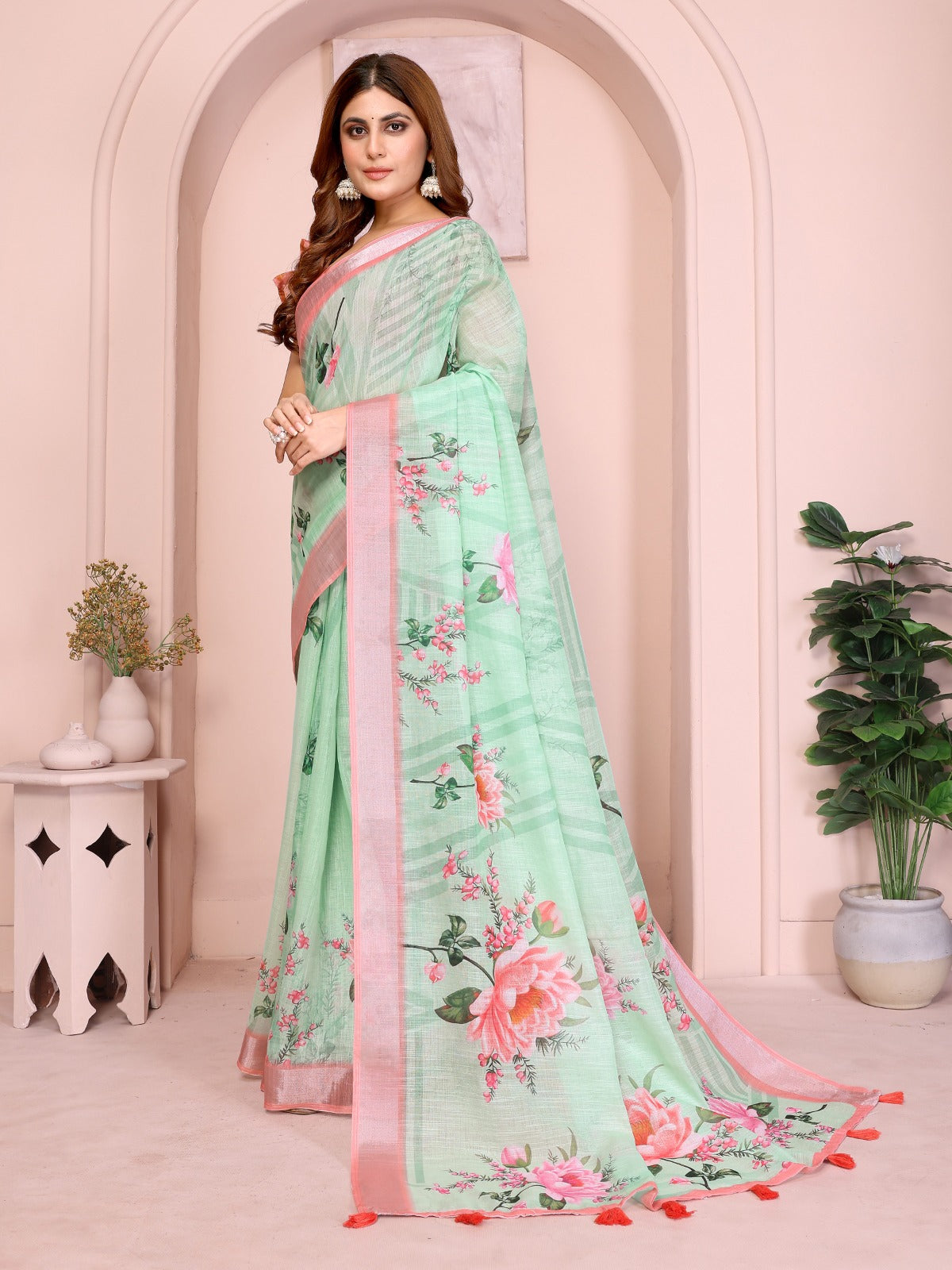 Refreshing Mint Green Linen Cotton Saree with Pink Floral Prints