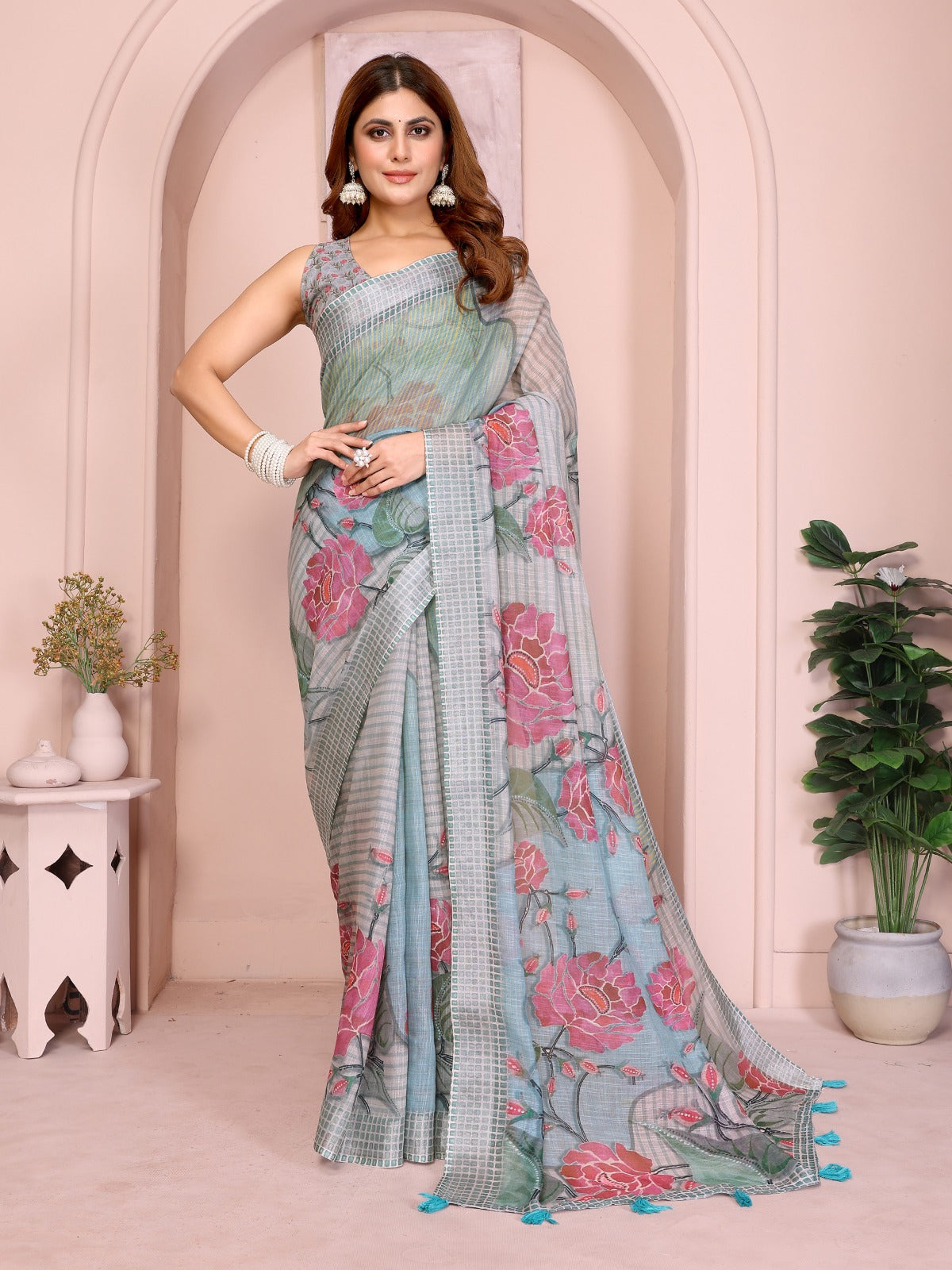 Elegant Grey-Blue Linen Cotton Saree with Bold Floral Prints