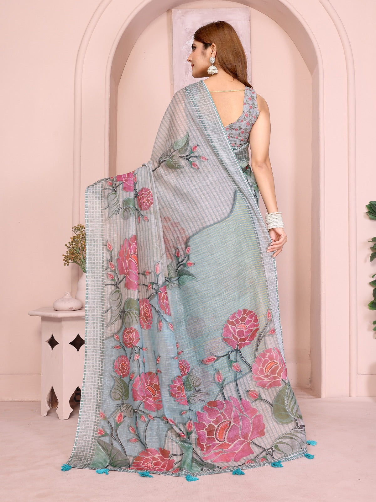 Elegant Grey-Blue Linen Cotton Saree with Bold Floral Prints