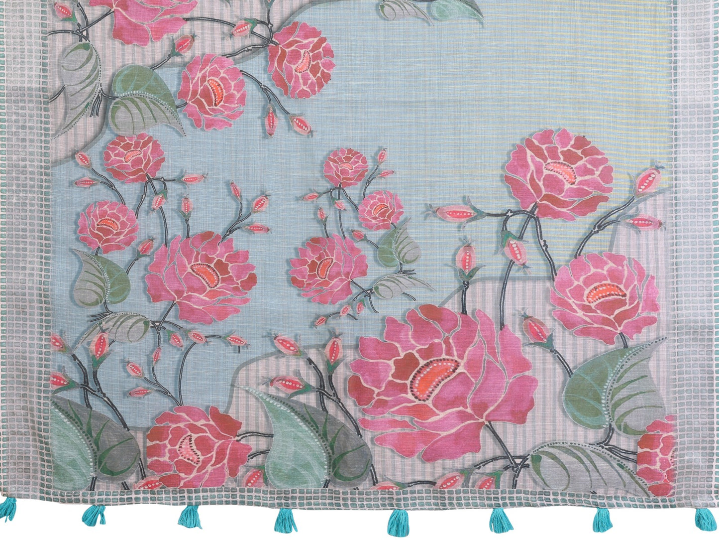 Elegant Grey-Blue Linen Cotton Saree with Bold Floral Prints