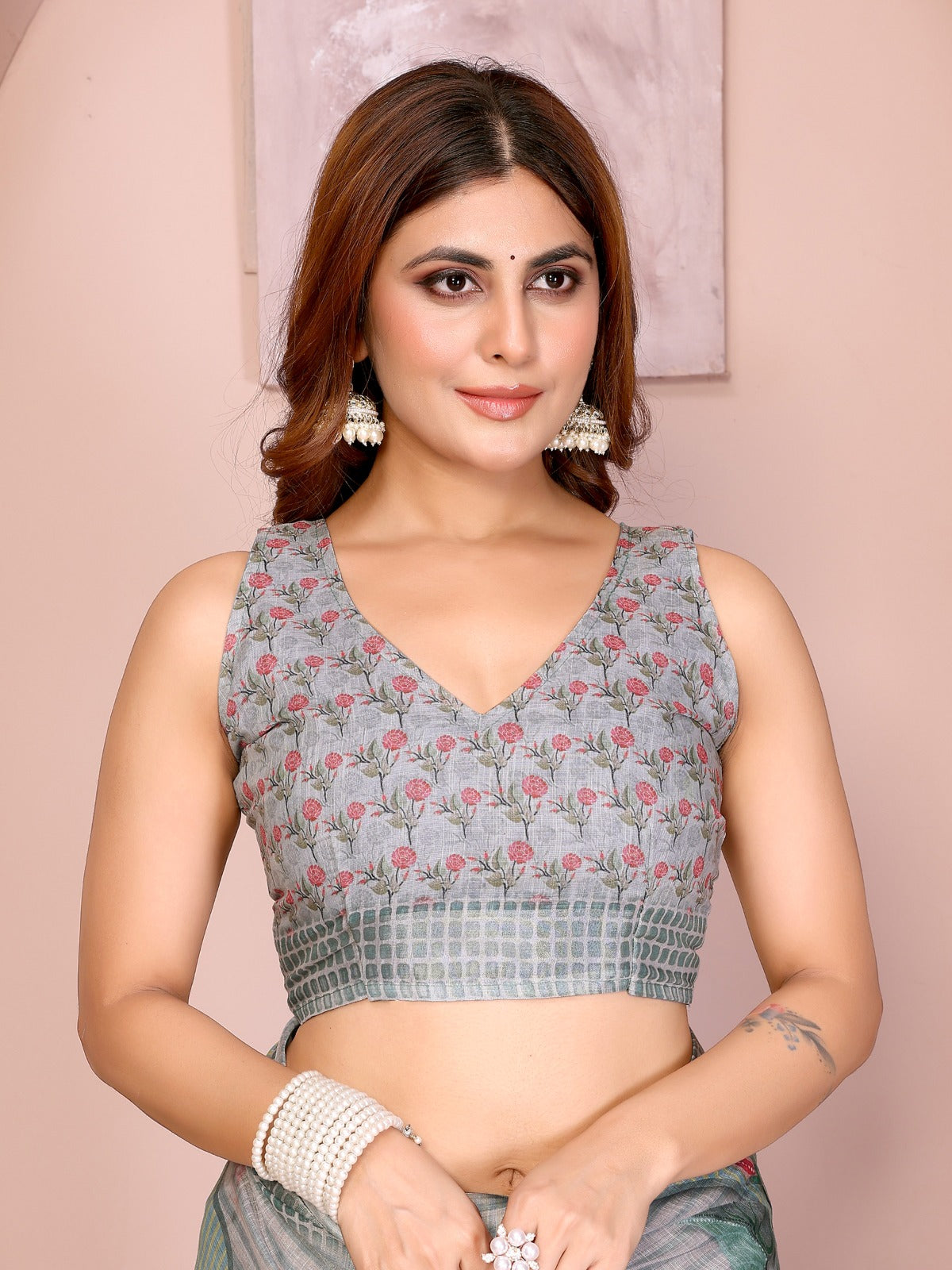 Elegant Grey-Blue Linen Cotton Saree with Bold Floral Prints