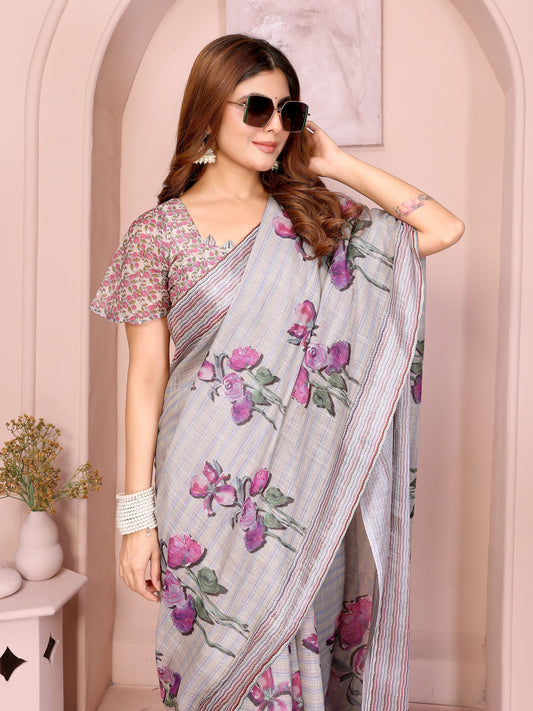 Soft Grey Linen Cotton Saree with Purple Floral Prints