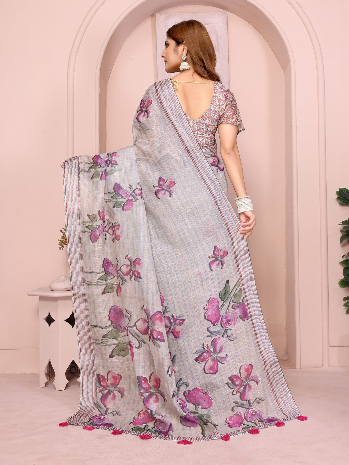 Soft Grey Linen Cotton Saree with Purple Floral Prints
