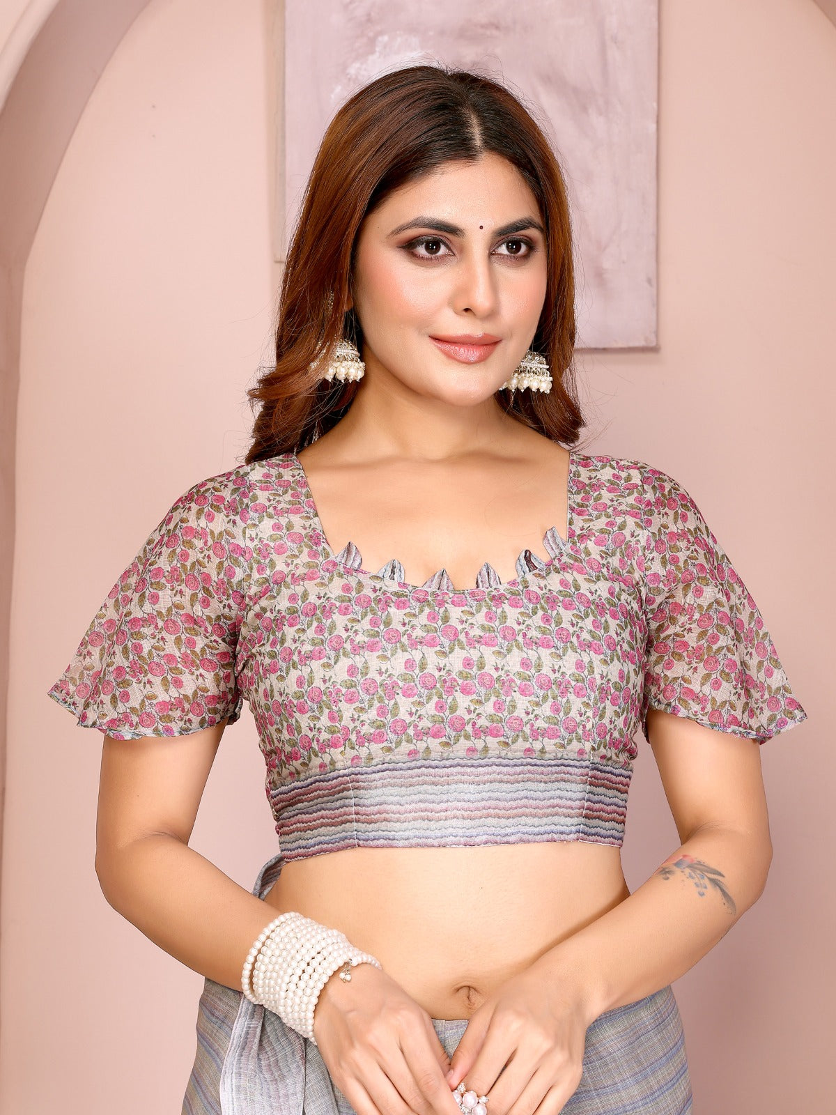 Soft Grey Linen Cotton Saree with Purple Floral Prints