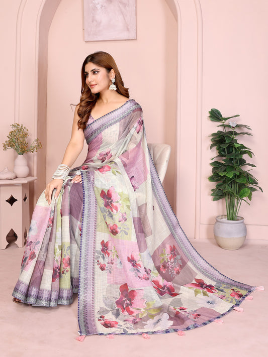 Pastel Multi-Tone Linen Cotton Saree with Artistic Floral Prints