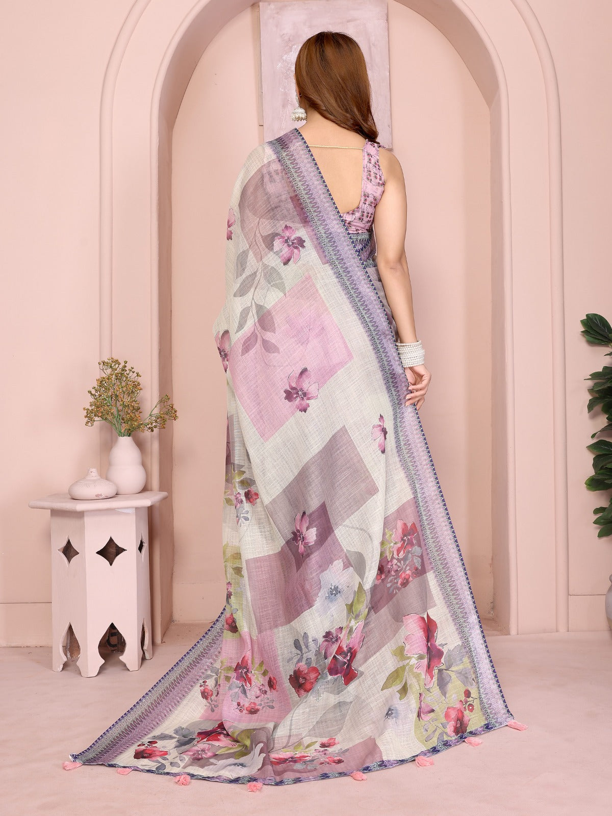 Pastel Multi-Tone Linen Cotton Saree with Artistic Floral Prints