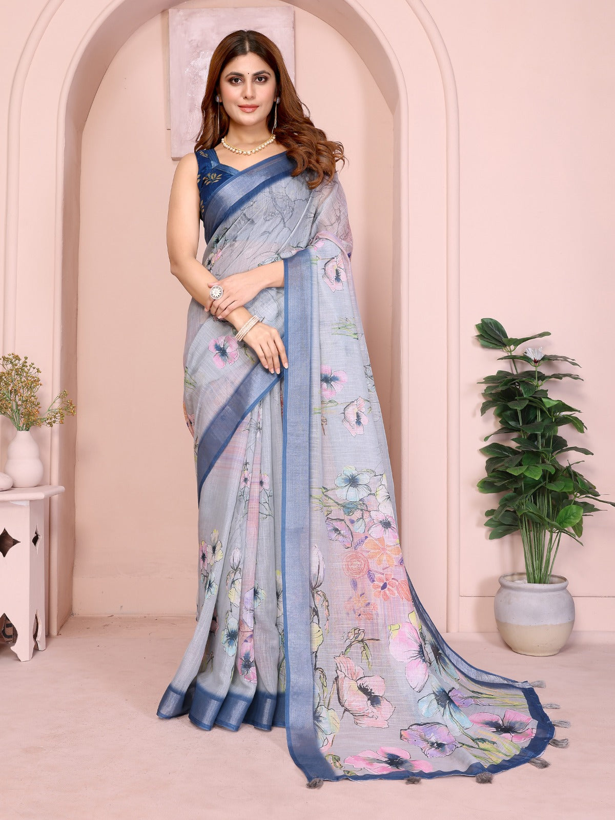 Elegant Steel Blue Linen Cotton Saree with Pastel Floral Prints