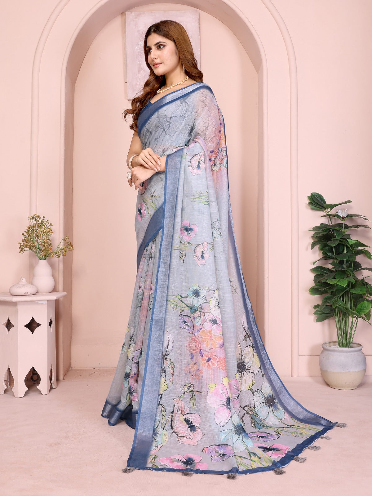 Elegant Steel Blue Linen Cotton Saree with Pastel Floral Prints