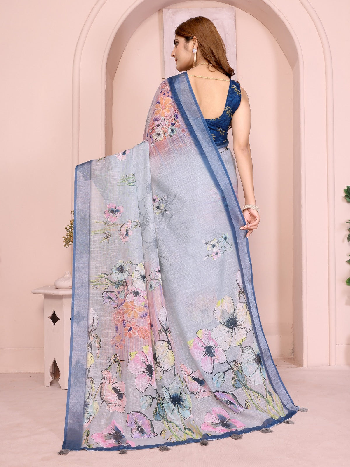 Elegant Steel Blue Linen Cotton Saree with Pastel Floral Prints