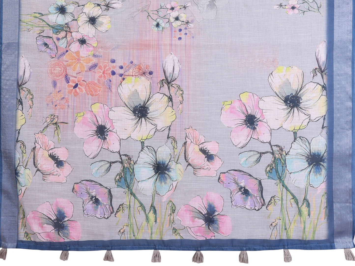 Elegant Steel Blue Linen Cotton Saree with Pastel Floral Prints