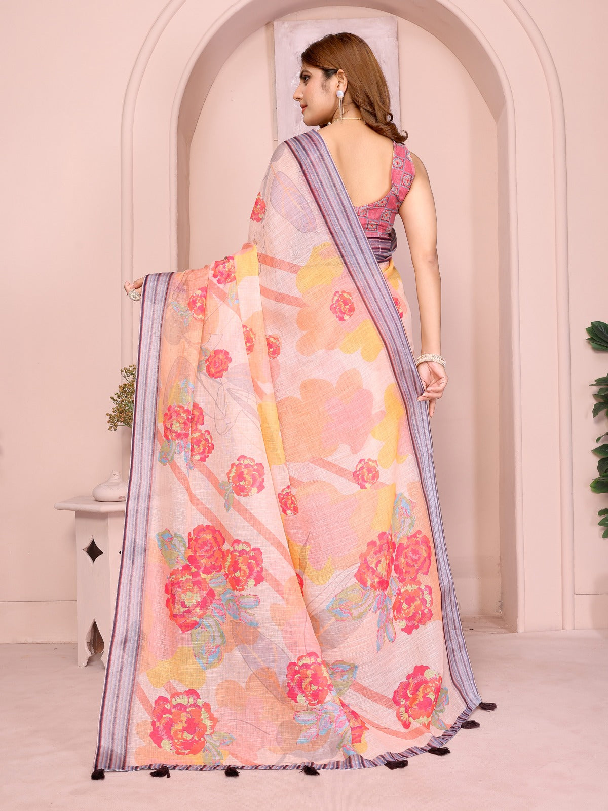 Peach Linen Cotton Saree with Bold Floral Prints