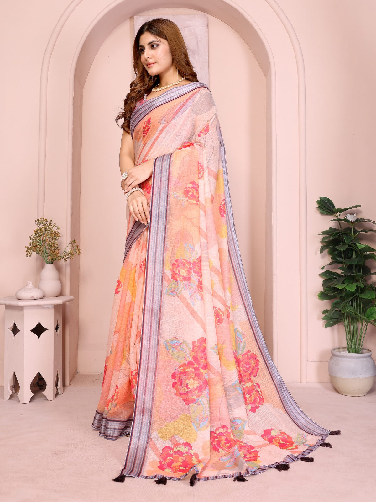 Peach Linen Cotton Saree with Bold Floral Prints