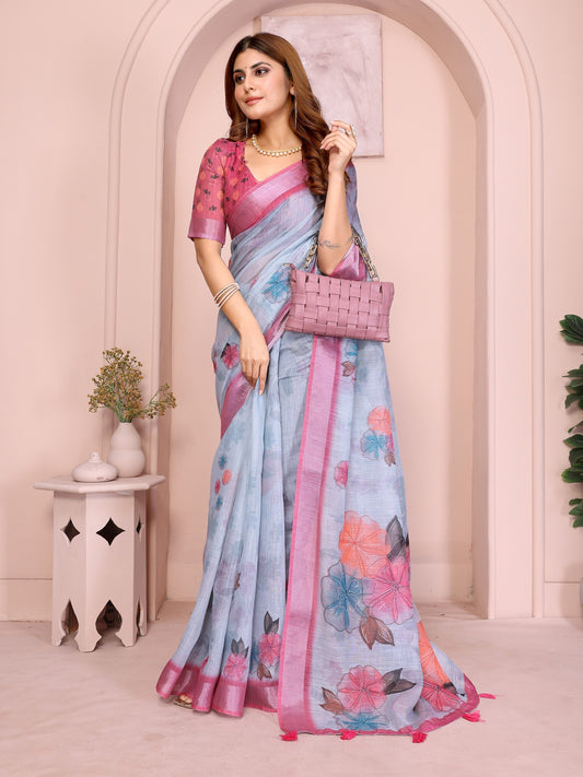 Sky Blue Linen Cotton Saree with Pastel Floral Prints