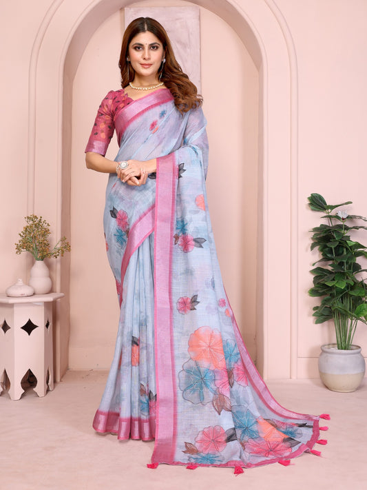 Sky Blue Linen Cotton Saree with Pastel Floral Prints