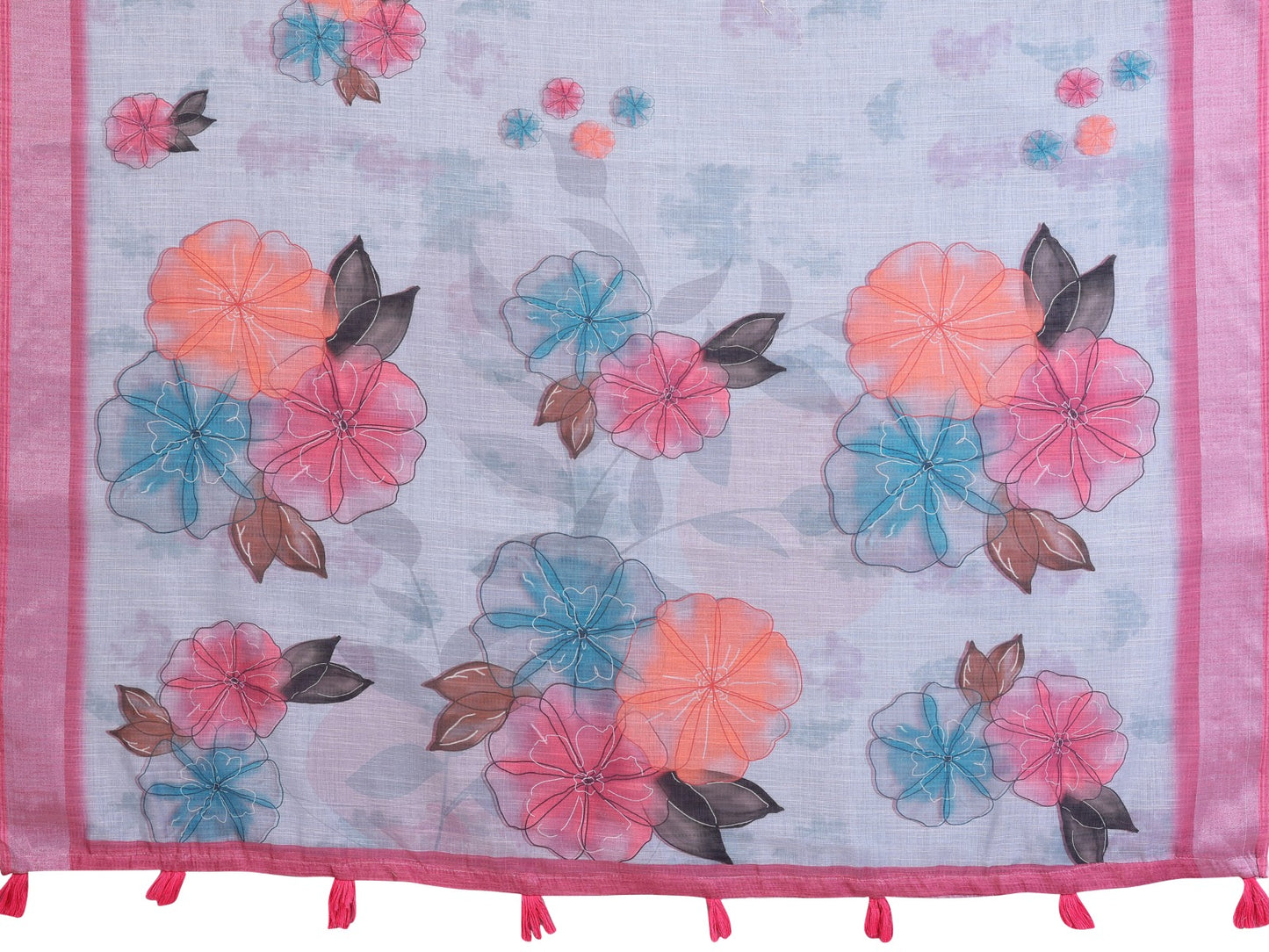 Sky Blue Linen Cotton Saree with Pastel Floral Prints