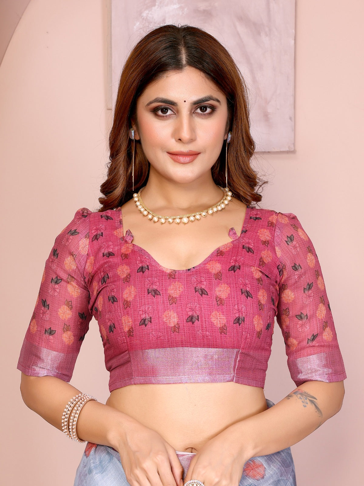 Sky Blue Linen Cotton Saree with Pastel Floral Prints