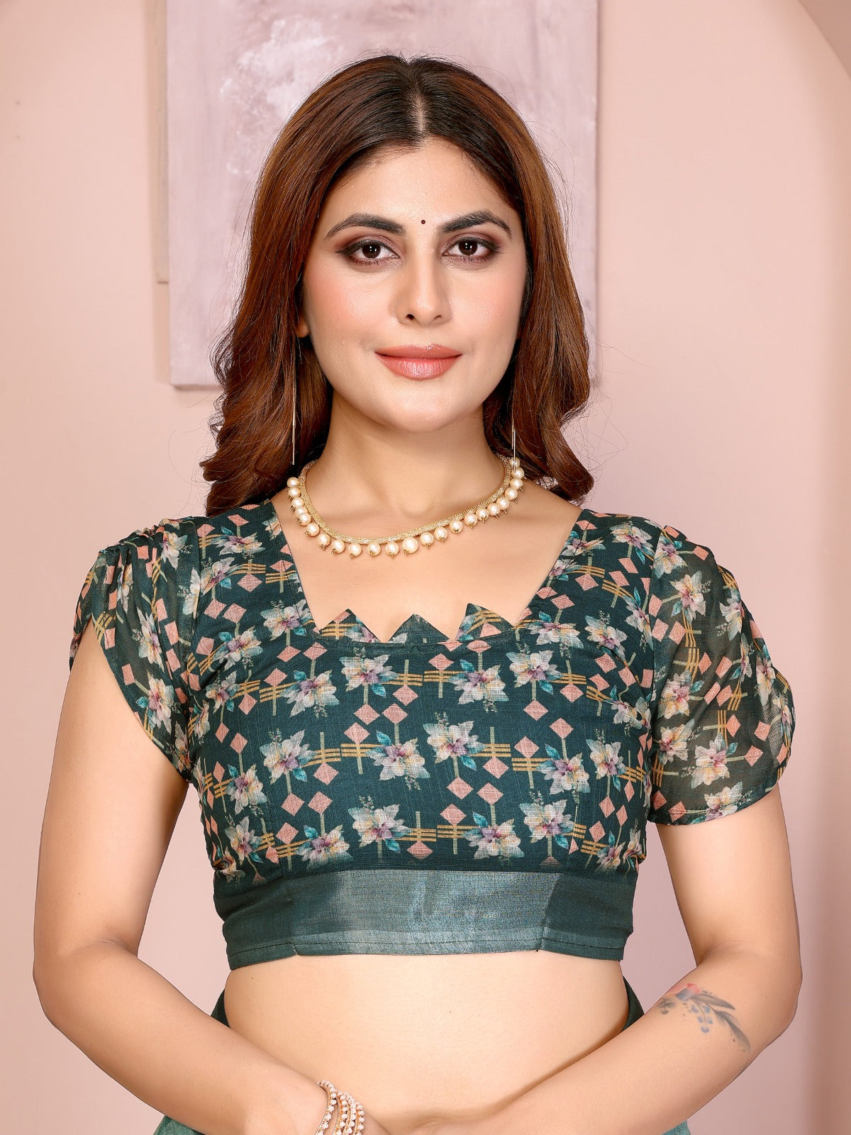 Teal Green Linen Cotton Saree with Watercolor Floral Prints