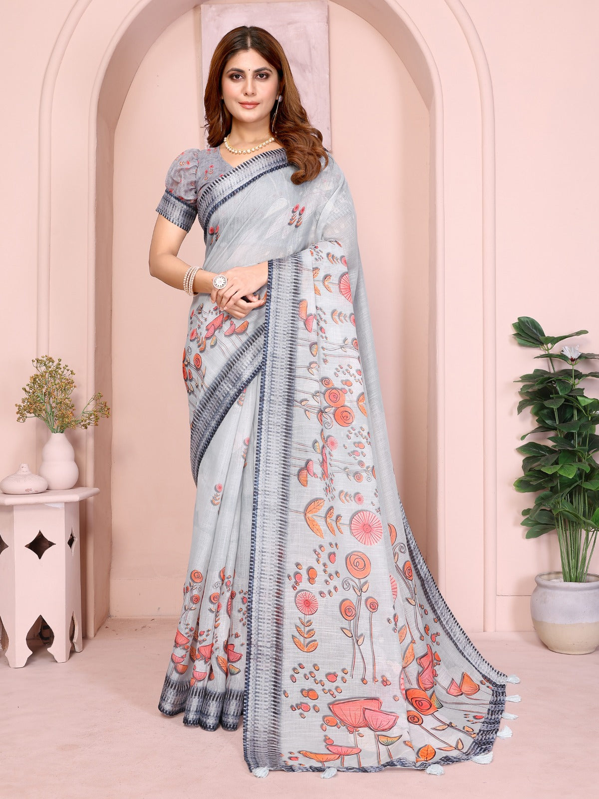 Light Grey Linen Cotton Saree with Artistic Floral Prints