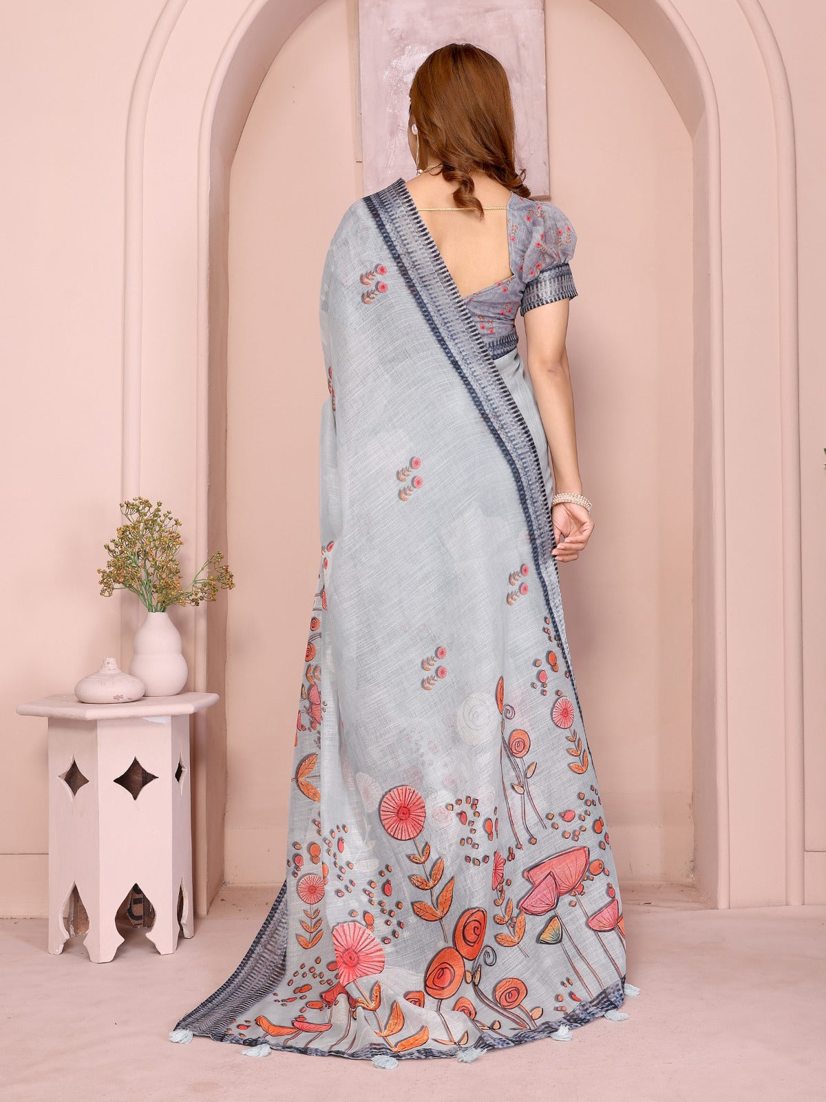 Light Grey Linen Cotton Saree with Artistic Floral Prints