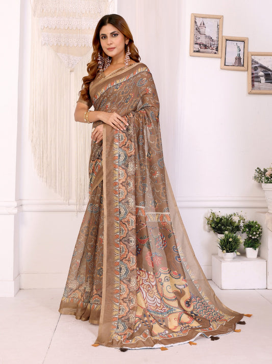 Elegant Coffee Brown Chanderi Digital Print Saree