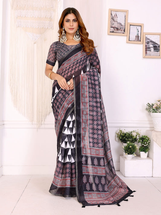 Black & Maroon Geometric Printed Chanderi Saree