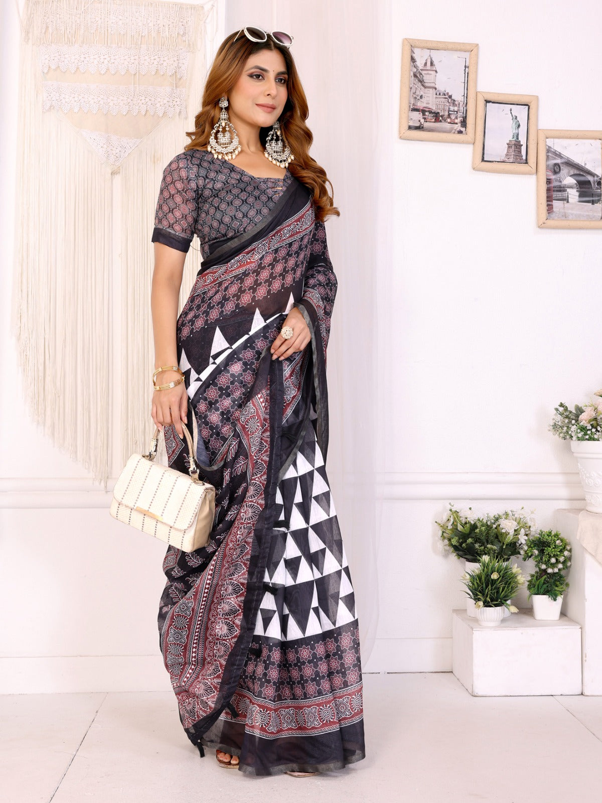 Black & Maroon Geometric Printed Chanderi Saree