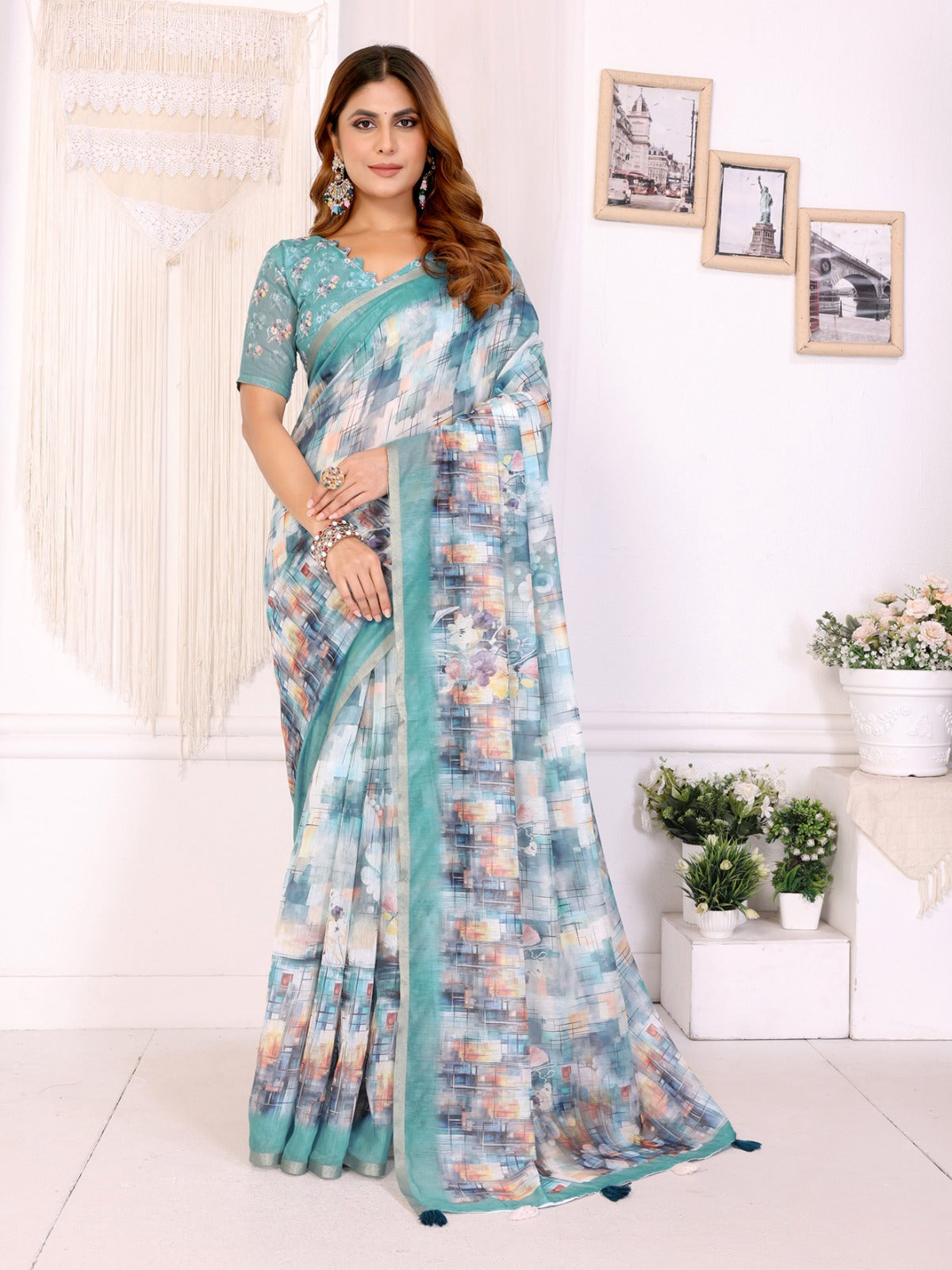 Aqua Blue Digital Abstract Printed Chanderi Saree