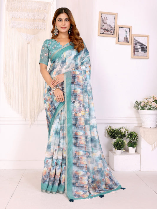 Aqua Blue Digital Abstract Printed Chanderi Saree
