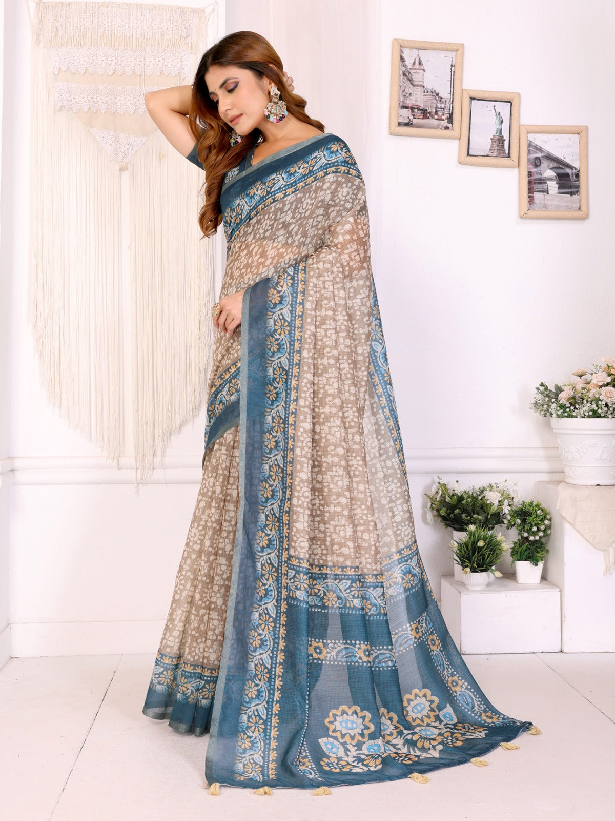 Beige & Teal Ethnic Motif Printed Chanderi Saree