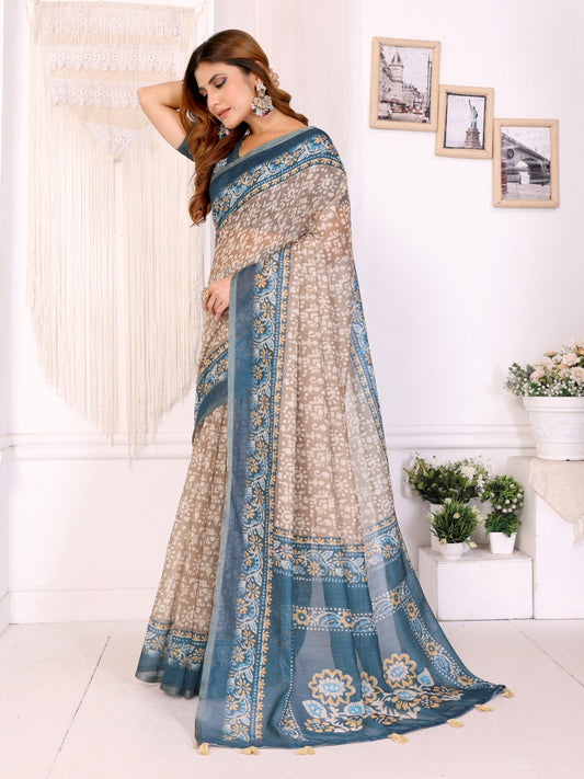 Beige & Teal Ethnic Motif Printed Chanderi Saree