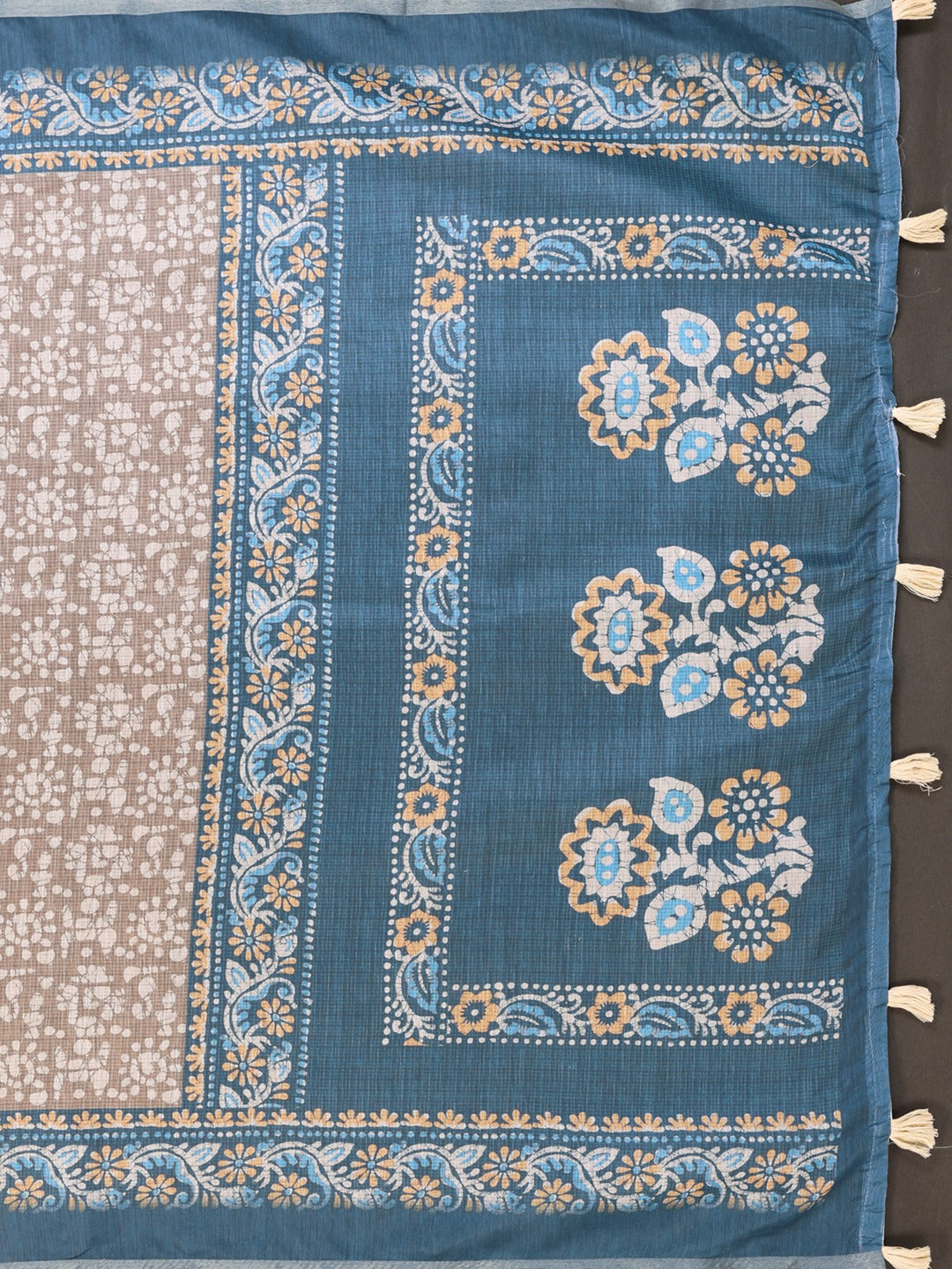 Beige & Teal Ethnic Motif Printed Chanderi Saree