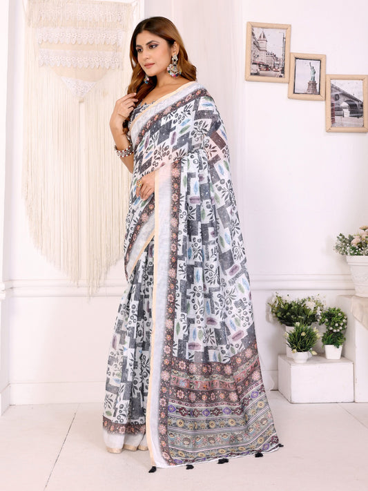 White & Black Multi-Pattern Digital Printed Chanderi Saree