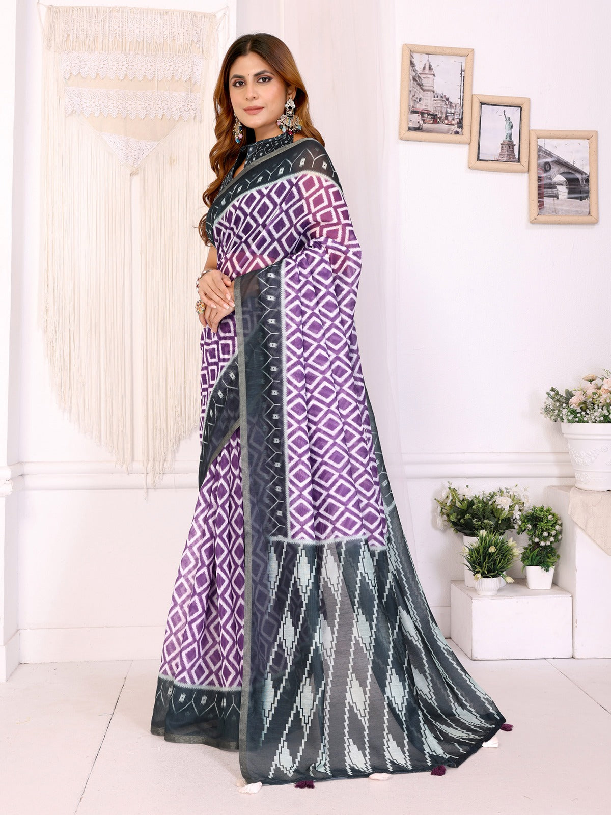 Purple & Black Ikat Printed Chanderi Saree