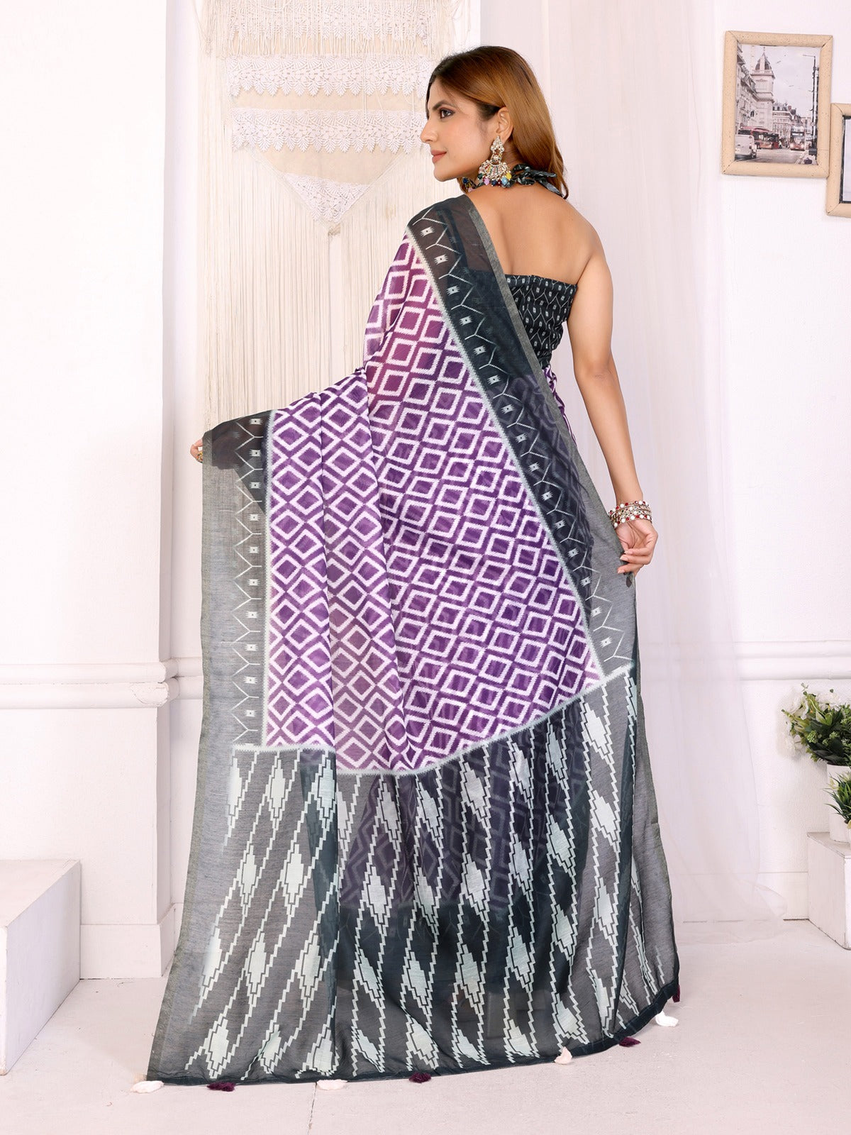 Purple & Black Ikat Printed Chanderi Saree