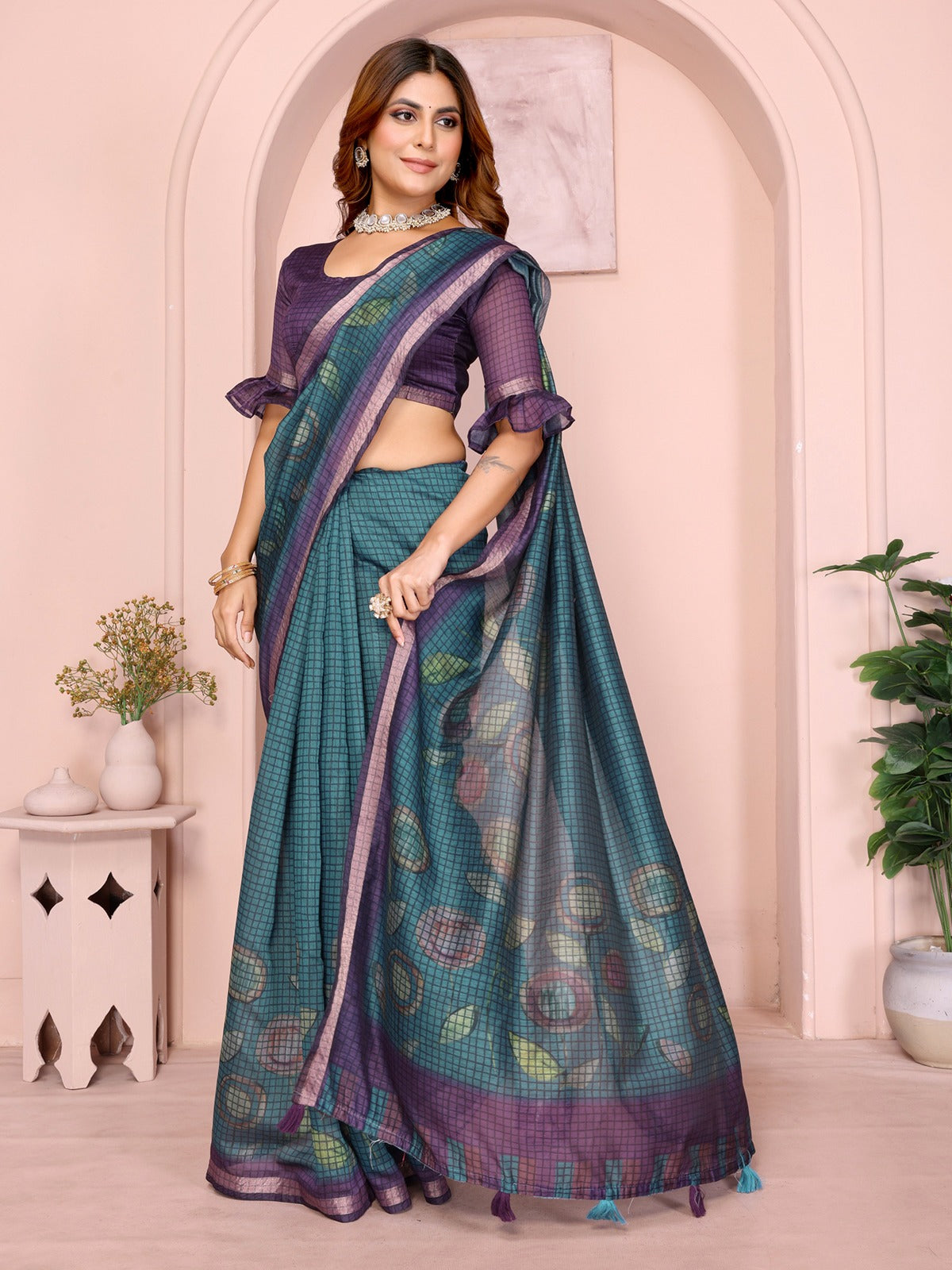 Teal Blue & Purple Black Chanderi Saree