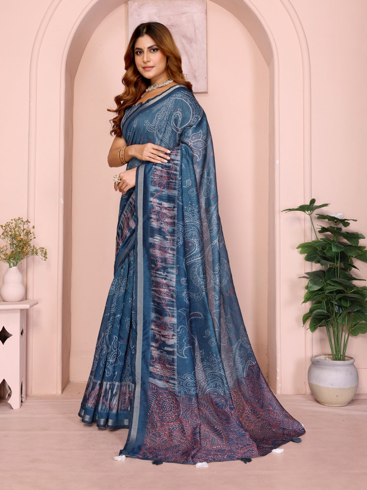 Blue Printed Black Chanderi Saree