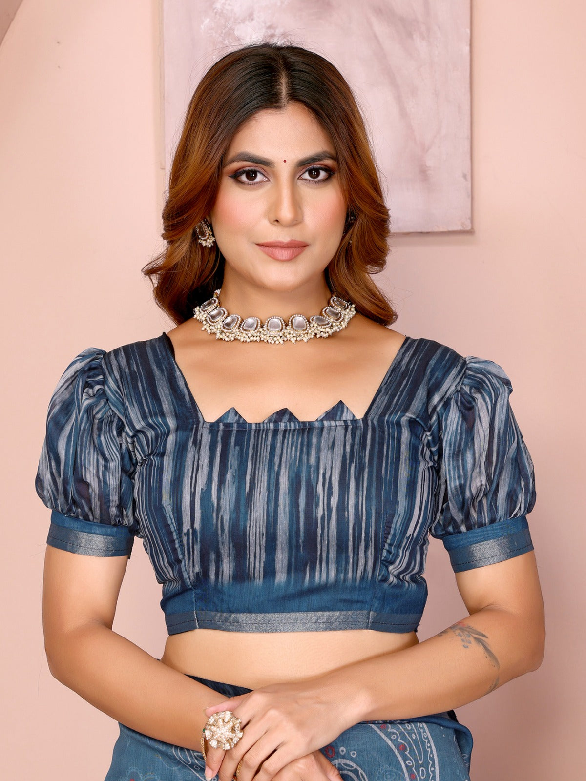 Blue Printed Black Chanderi Saree