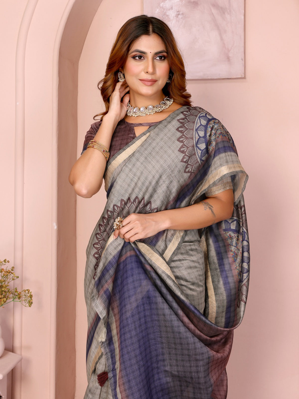 Grey Checked Black Chanderi Saree