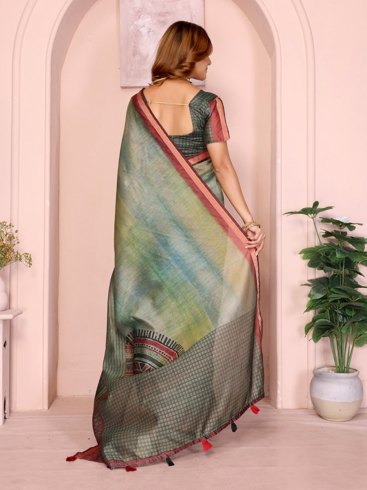 Green & Maroon Black Chanderi Saree