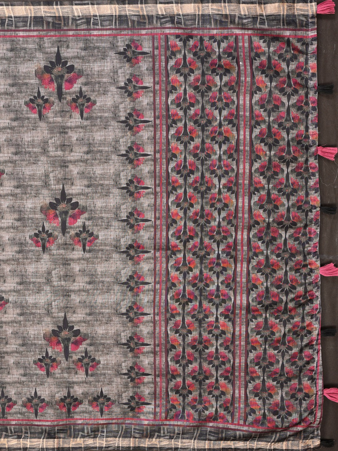 Grey & Black Floral Black Chanderi Saree