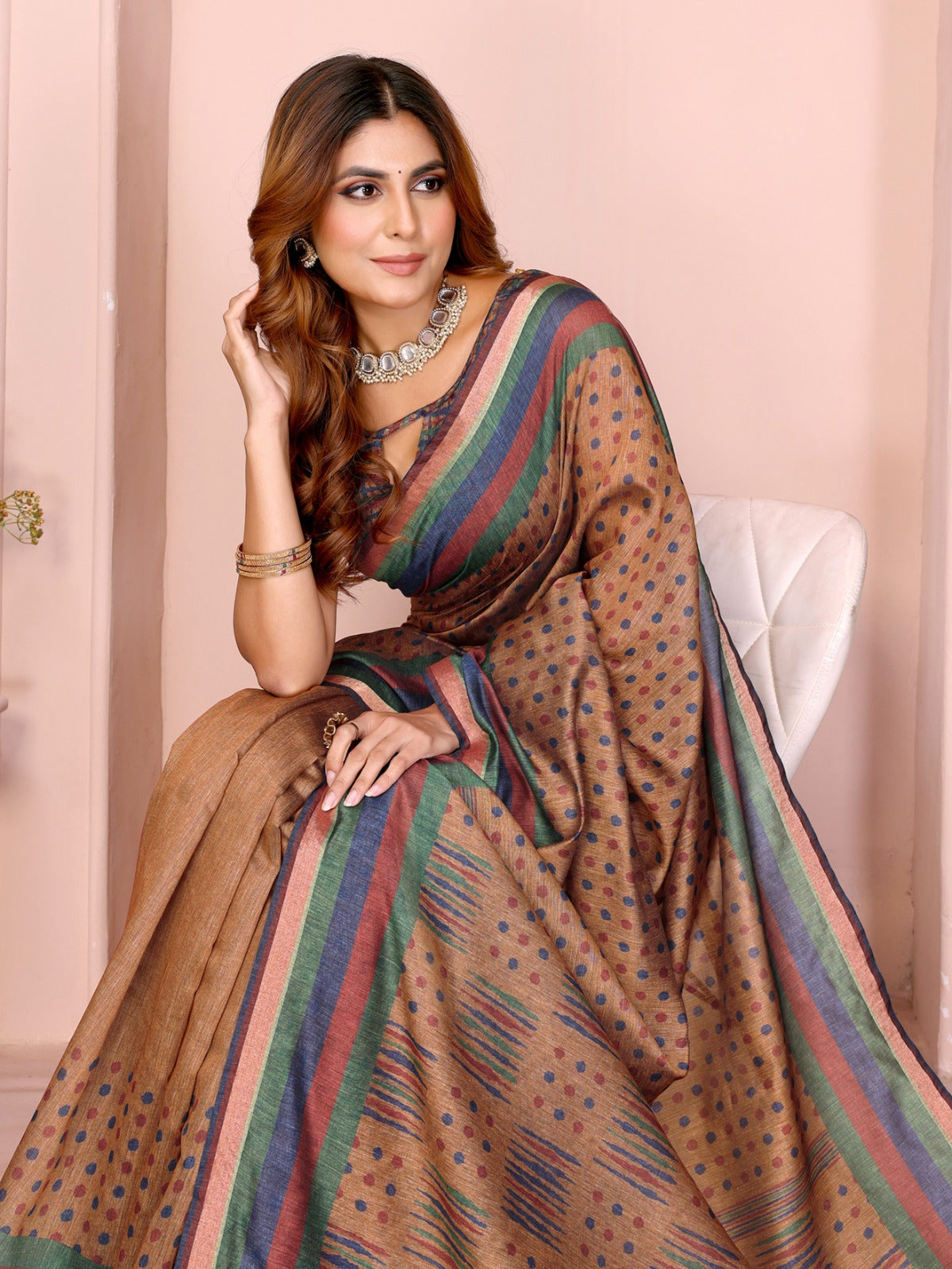 Mustard Brown Geometric Black Chanderi Saree