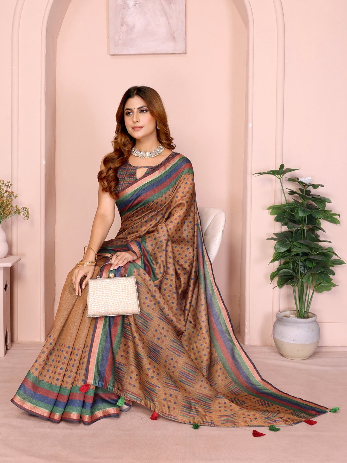 Mustard Brown Geometric Black Chanderi Saree