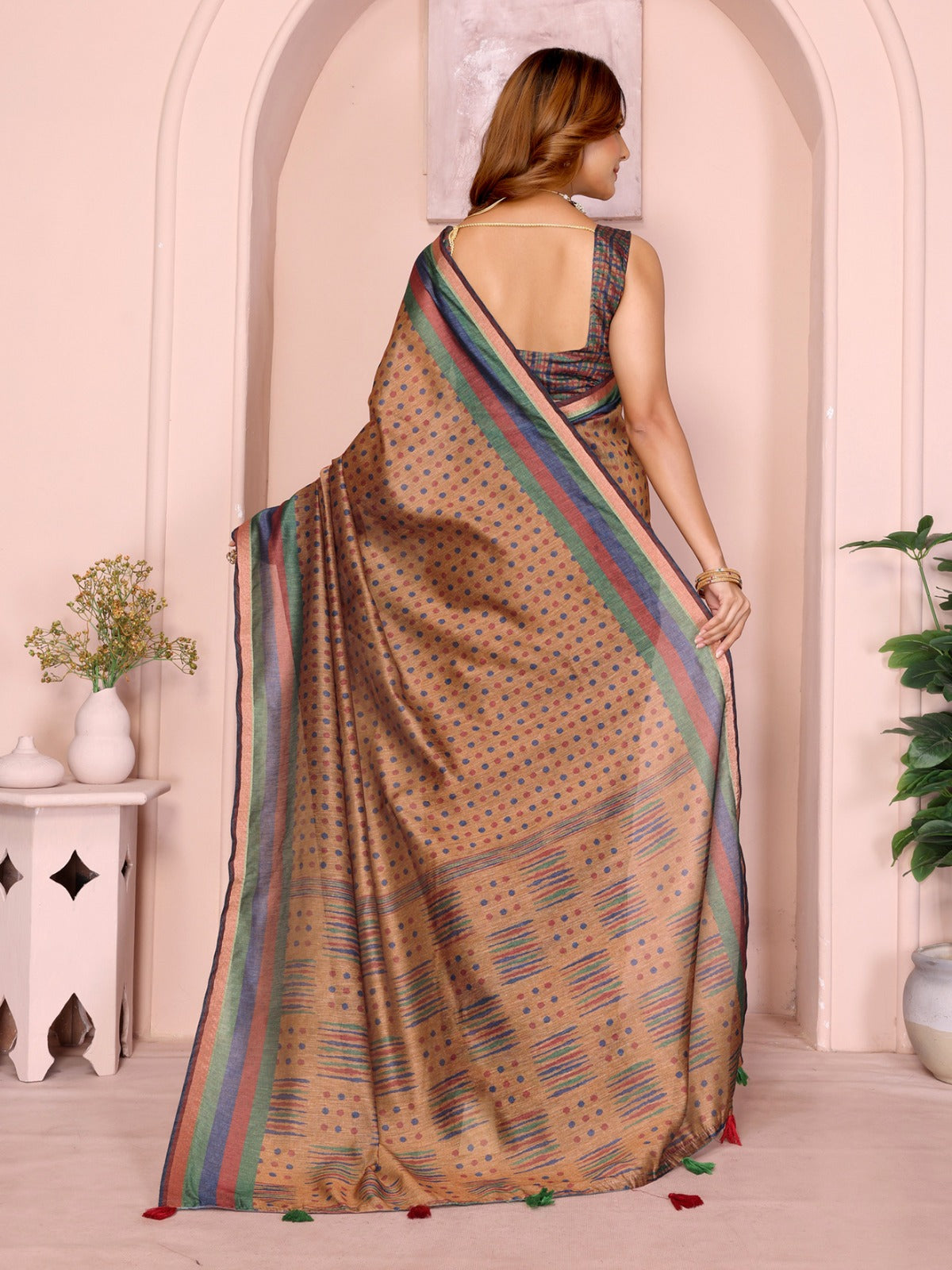 Mustard Brown Geometric Black Chanderi Saree