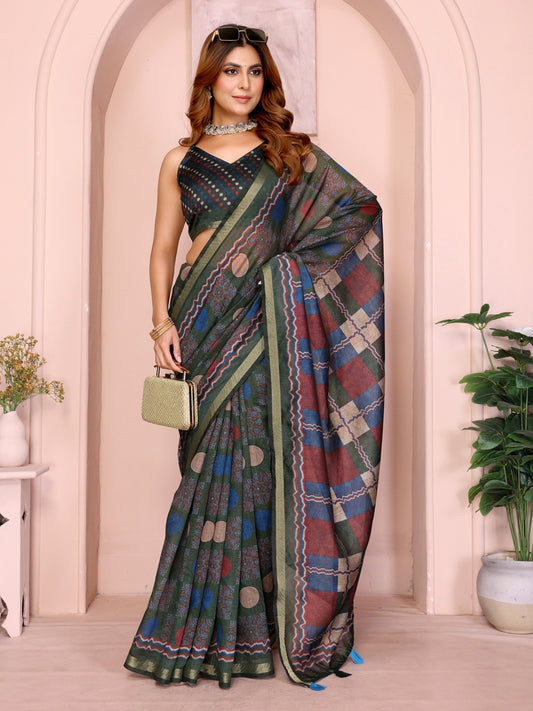 Dark Green Multicolor Checkered Black Chanderi Saree