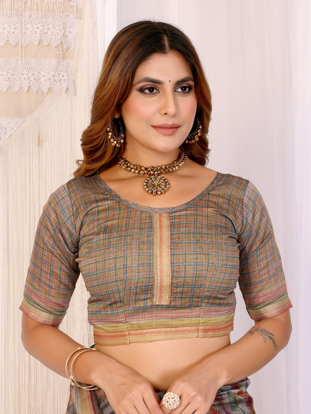 Vibrant Geometric Weaves Chanderi Saree with Contrasting Striped Border