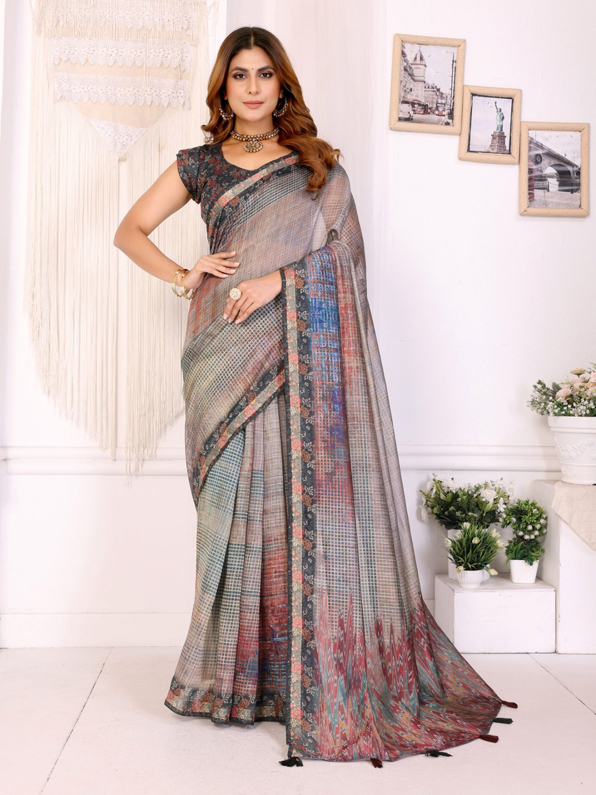 Rustic Multicolor Checks Chanderi Saree with Floral Border Detailing