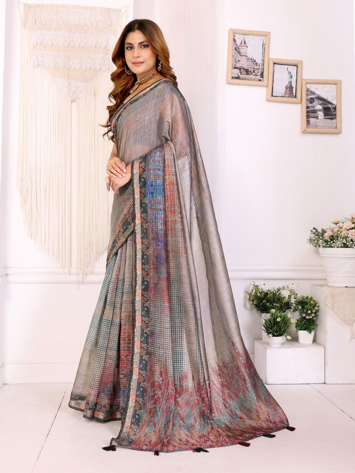 Rustic Multicolor Checks Chanderi Saree with Floral Border Detailing