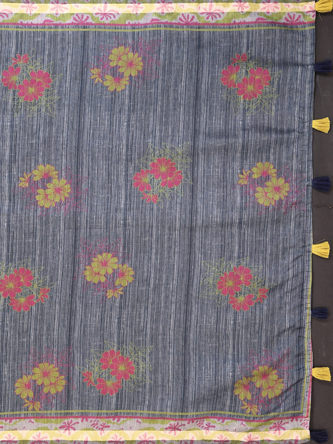 Grey Floral Printed Chanderi Saree